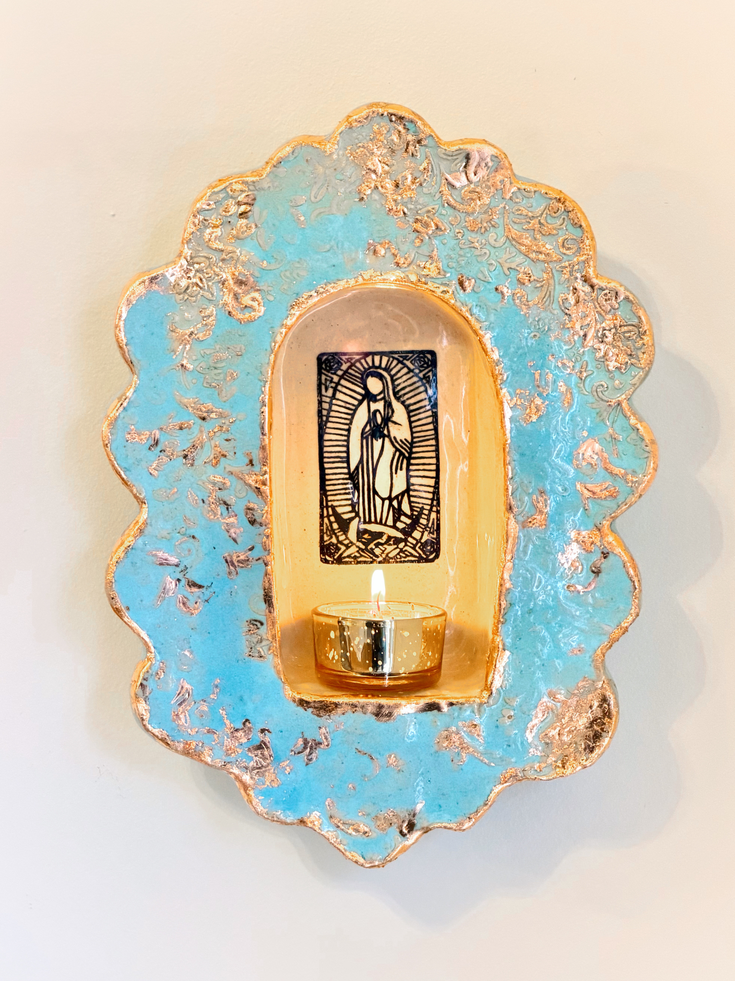 Guadalupe candle shrine in sky-blue and silver leaf